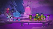 Starfire (l.), Cyborg (2.v.l.), Raven (3.v.l.), King Shark (4.v.l.), Robin (r.)