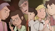 Was für ein Durcheinander am Telefon! Links Kati, Sophie und ihre Oma, rechts Hanno, Sputnik, Fritzi und Julia.