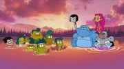 Robin (l.), Raven (4.v.r.), King Shark (3.v.r.), Starfire (2.v.r.), Cyborg (r.)