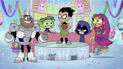v.li.: Cyborg, Beast Box, Robin, Raven, Starfire
