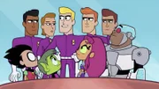 Hinter: Challengers of the Unknown. Vorne, v.li.: Robin, Beast Boy, Starfire, Cyborg