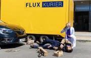 Dr. Kathrin Globisch (Andrea Kathrin Loewig) hat gerade ein Paket übergeben bekommen, als der Bote (Hadi Khanjanpour) direkt vor der Sachsenklinik von einem Auto angefahren wird.
