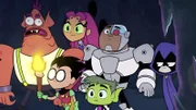 v.li.: Freak, Robin, Starfire, Beast Boy, Cyborg, Raven
