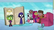 v.li.: Beast Boy, Raven, Cyborg, Starfire, Robin