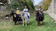 . Darsteller des Vereins Staufer Saga, die Rittergruppe, auf der Burg Hohenrechberg.