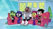 v.li.: Beast Boy, Raven, Cyborg, Starfire, Robin