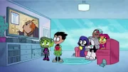 v.li.: Control Freak, Beast Boy, Robin, Raven, Cyborg, Starfire