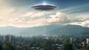 Extraterrestrischer Besuch: UFO über dem Stadtbild - generative KI