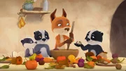 Oma Fuchs und die Dachskinder mischen einen tollen Matschkuchen.