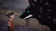 Fenrir (r.), ein riesiger Wolf, fordert von Hugo den Stein des Rollo. Doch Hugo lässt sich von dem gefährlichen Wesen nicht beeindrucken.