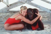 Jessie (Brooke Burns, l.) hält den Orang-Utan Morton (r.) fest in ihren Armen.