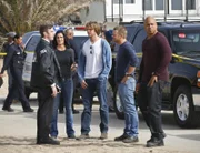 L-R: DEA Agent Mark Cornell (Andy Hoff), Special Agent Kensi Blye (Daniela Ruah), LAPD Liaison Marty Deeks (Eric Christian Olsen), Special Agent G. Callen (Chris O'Donnell) and Special Agent Sam Hanna (LL COOL J).