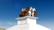 Auf dem Dach des Grabmals stehen die Statuen des Königs Mausolos und seiner Gemahlin. Sie stehen in einem von einer Quadriga gezogenen Wagen. (Computeranimation)