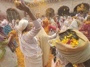 Vrindavan, INDIA - Widows celebrate the Hindu festival of colors in Gopinatti temple. They begin by throwing sweet-smelling rose and marigold petals, followed by multi-colored paint powders.