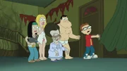 L-R: Hayley, Francine, Roger als Zelda Rubinstein, Stan, Steve