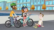 L-R: Zack Underwood (voiced by Mekai Curtis), Melissa Chase (voiced by Sabrina Carpenter),  Milo Murphy (voiced by "Weird Al" Yankovic)