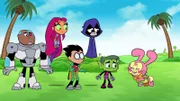 v.li.: Cyborg, Starfire, Robin, Raven, Beast Boy, Easter Bunny