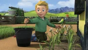 Während James das Unkraut entfernt, kümmert sich Norman um die Düngesäcke.