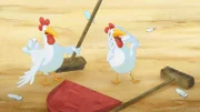 Die Hühner sind schockiert von den herumfliegenden Federn.