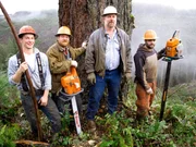 Ax Men Season2 Fresh Meat, Ax Men Staffel2 Die Holzfäller Frischfleisch Four of the Pihl loggers in front of a tree..