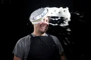 Tory Belleci gets smashed with a crème pie.