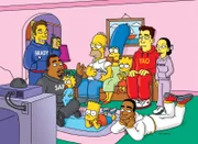 Homer (4.v.l.) soll beim Superbowl-Endspiel die Halbzeit-Show produzieren, doch wird ihm das gelingen?; Homer (4.v.l.) soll beim Superbowl-Endspiel die Halbzeit-Show produzieren, doch wird ihm das gelingen?
