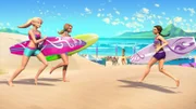 Barbie as surfer Merliah (left) on the beach with friends