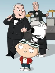 Frank Sinatra (l.) ist in die Stadt zurückgekehrt und tritt zusammen mit Brian (r.) im Quahog Cabana Club auf. Stewie (M.) hat eine Idee, wie man noch mehr Leute in die Show locken kann.