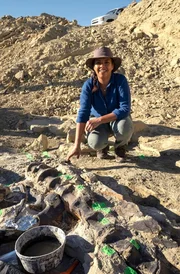 Liz Bonnin neben den 150 Millionen Jahre alten Knochen eines Allosaurus an einer geheimen Fundstelle in Wyoming, USA