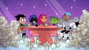 L-R: Robin, Raven, Starfire, Beast Boy, Cyborg