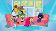 v.li.: Robin, Cyborg, Beast Boy, Starfire, Raven