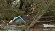 Ein Mann klettert nach dem Hurrikan Katrina auf einen Baum über einem überfluteten Haus.