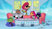 L-R: Beast Boy, Cyborg, Robin, Starfire, Raven