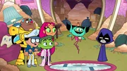 v.li.: Cyborg, Robin, Beast Boy, Starfire, The Tooth Fairy, Raven