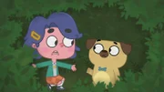 Leni und Puck verstecken sich im Gebüsch vor den bösen Buben.