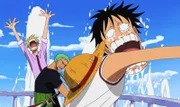 Ruffy, Zorro und Sanji müssen schnellstens die Abwrackinsel verlassen.. One Piece, Staffel 7