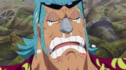 Franky fordert von Ruffy seine Unterhose zurück, aber der will sie ihm nur geben, wenn er sich seiner Crew anschließt. Franky stellt sich stur. . One Piece, Staffel 7