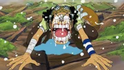 Als Lysopp am Strand ankommt, muss er zusehen, wie Ruffy’s Schiff bereits abgelegt hat. Verzweifelt versucht er sie mit seinen Rufen zu erreichen, damit sie ihn mitnehmen. . One Piece, Staffel 7