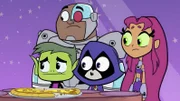 v.li.: Beast Boy, Cyborg, Raven, Starfire