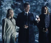 (v.l.n.r.) Leyla Harrison (Jolie Jenkins), Doggett (Robert Patrick) und Reyes (Annabeth Gish) haben sich nach Pennsylvania begeben, um dort mysteri&ouml;se Vorg&auml;nge im Haus einer Bekannten aufzudecken.