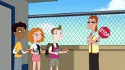 L-R: Zack Underwood (voiced by Mekai Curtis), Melissa Chase (voiced by Sabrina Carpenter), Milo Murphy (voiced by "Weird Al" Yankovic), Elliot Decker (voiced by Christian Slater)