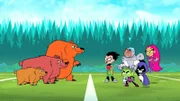 v.li.: Grizzly Bear, Robin, Beast Boy, Cyborg, Raven, Starfire