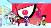 v.li.: Cyborg, Beast Boy, Trigon, Raven, Starfire, Robin