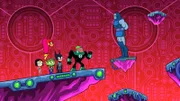 v.li.: Raven, Starfire, Beast Boy, Robin, Cyborg, Darkseid