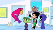 v.li.: Starfire, Beast Boy, Cyborg, Robin, Raven