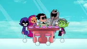 v.li.: Raven, Starfire, Robin, Cyborg, Beast Boy