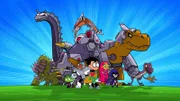 Vorne, v.li.: Beast Boy, Cyborg, Robin, Starfire, Raven