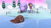 Polarfuchs-Mädchen Phöbe, Flusspferd Hatty, Pinguin-Mädchen Peggy, Wissper, Polarfüchsin Fern und Robbe Sam jubeln, weil Wallrossdame Wilma wieder frei ist.