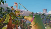 Super-Flint rettet vermeintlich das Haustier Lucy von einem Baum.