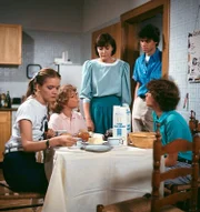 Am morgendlichen Frühstückstisch werden die Kinder durch Angi über Werners plötzliche Operation benachrichtigt. Es scheint sehr schlecht um Werner zu stehen. Auch der Freund Tanjas, Duffy, ist bestürzt. (V.li.n.re.: Julia Biedermann, Tarek Helmy, Thekla Carola Wied, Felix Martin, Timmo Niesner)